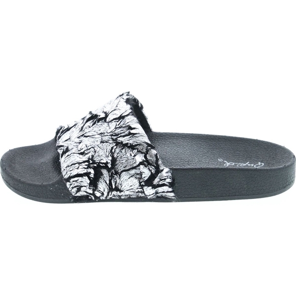 *NEW QUPID FAUX FUR METALLIC FOOTBED SLIDES SANDALS SLIPPERS SIZE 6 BLACK SILVER - Picture 3 of 6